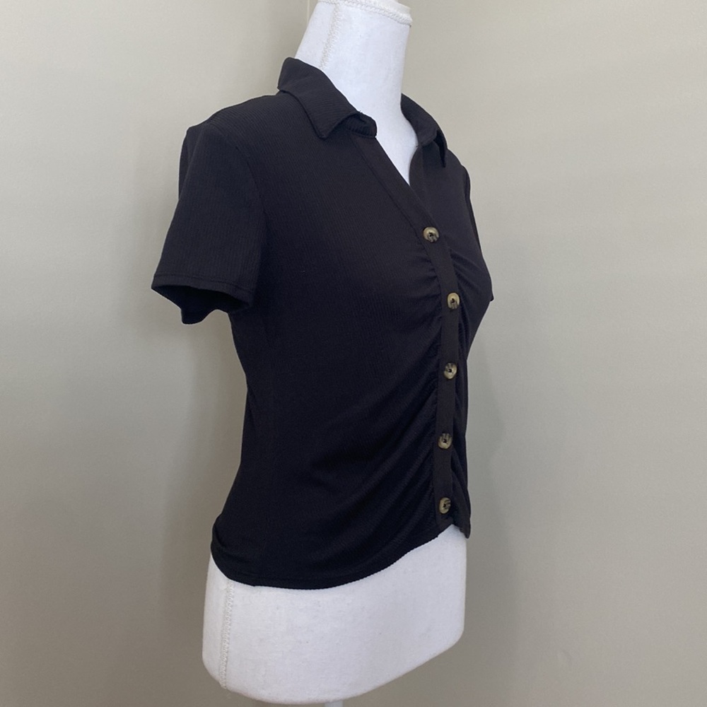 Black Light Knit Top with Button Details and Collared V-Neck​ - Picture 3 of 8